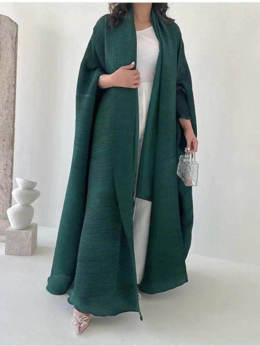 Muslim Abaya for Women Bat Sleeve Pleated Cardigan Trench Coat Solid Turn Down Collar Dubai Abayas Plus Size Women\'s Luxury Coat