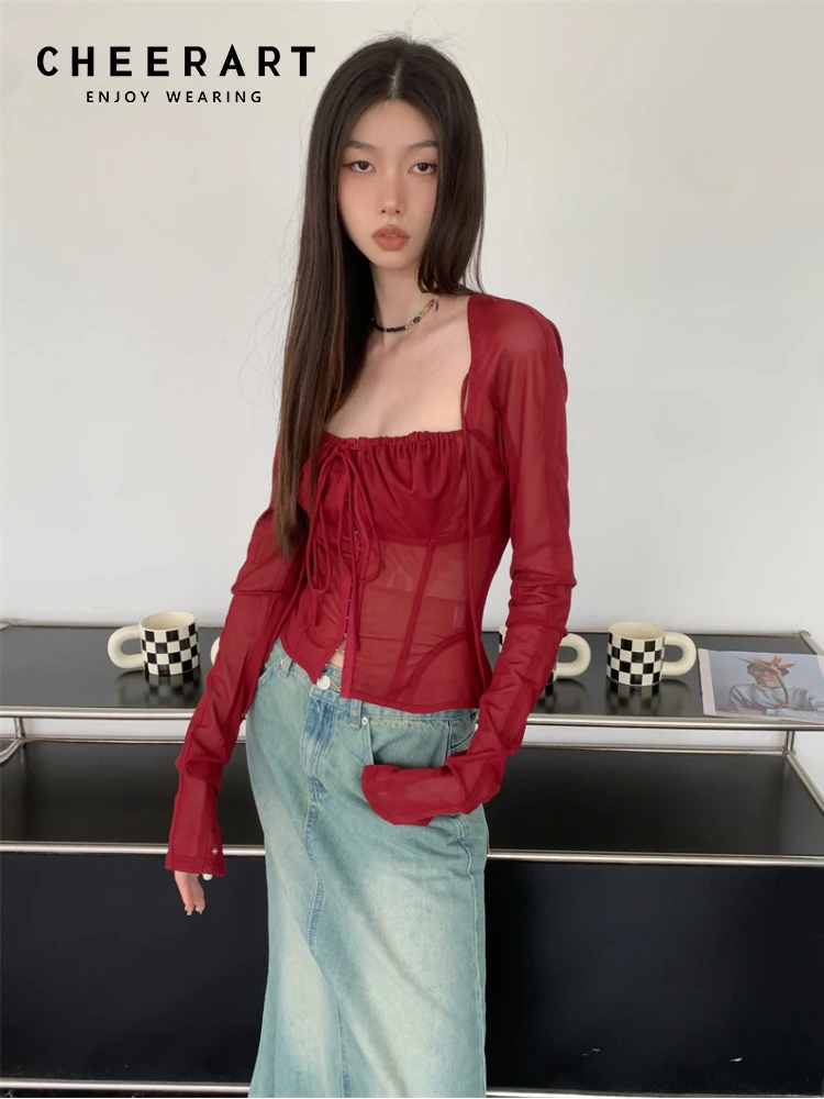 

CHEERART Red See Through Top Backless Long Sleeve Blouse Women Square Neck Corset Mesh Top Shirring Ruched Fashion Blouse