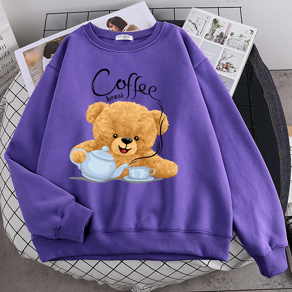 Street Casual Damen Sweatshirt Coffee Break Teddybär Making Coffee Print Hoodies Lose weiche Pullover Crewneck Fleece Kleidung