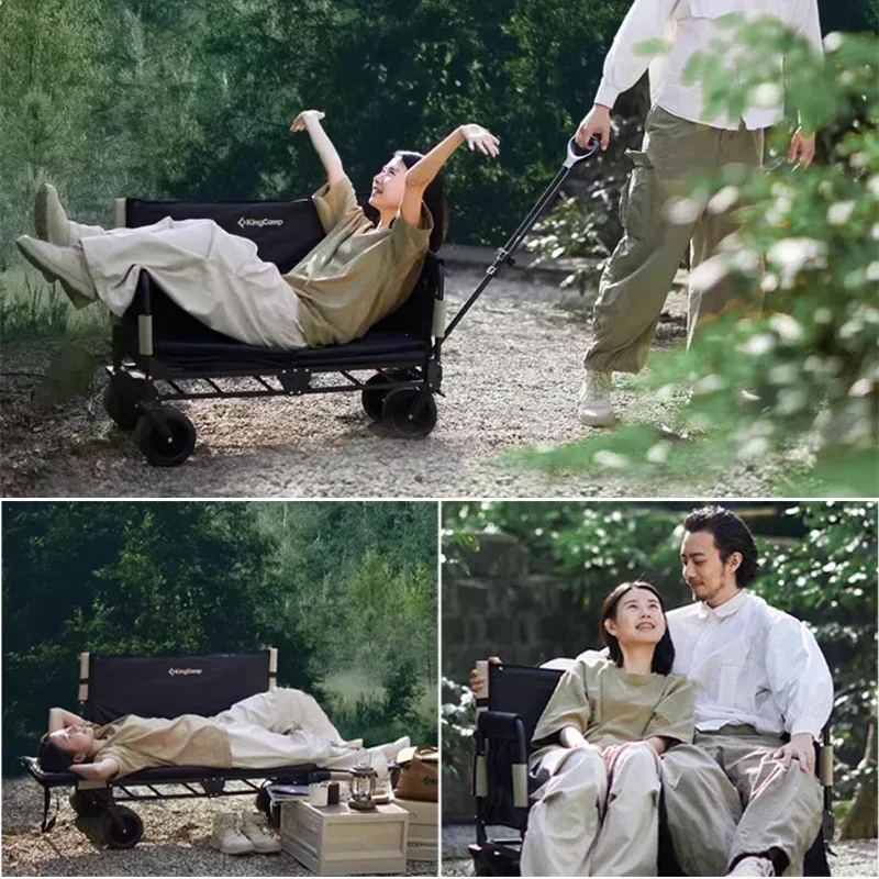 Outdoor Camping Folding Wagon Cart - with String Bags, Soft Backrest & Strong Brakes, Ideal for Picnics, Trips, Heavy