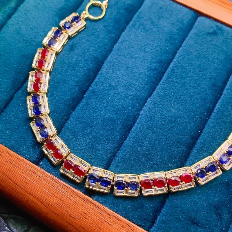 

Natural Sapphire Bracelet Total 4mm*3mm Blue Sapphire and Ruby Silver Bracelet 925 Silver Jewelrywith 3 Layers Gold Plating