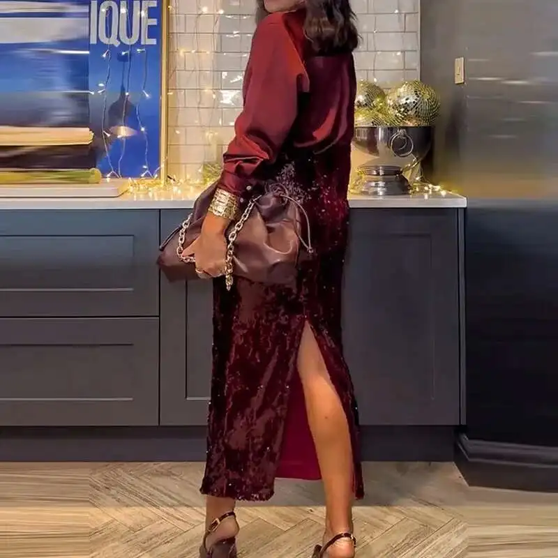 Ensemble 2 pièces élégant à manches longues, chemise et jupe à paillettes boutonnées à revers pour dames, vêtements de fête de printemps et d'été pour femmes