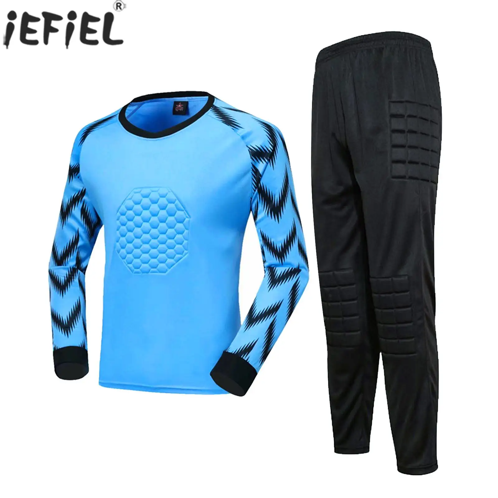 

Boys Soccer Goalkeeper Outfit Goalie Uniform Sport Suit Long Sleeve Protective Padded T-shirt Pants Football Training Sportswear