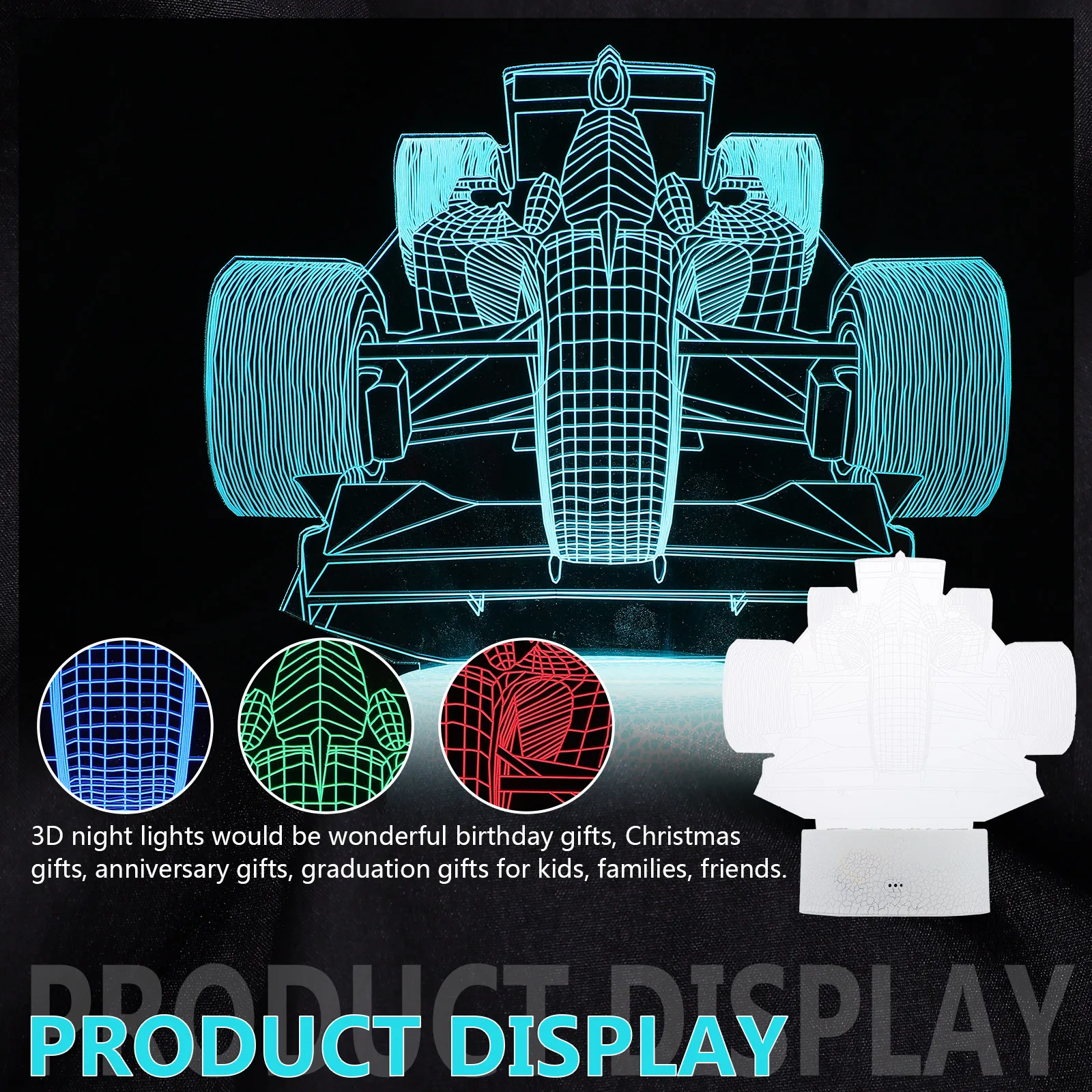 3D Racing Night Light LED Touch Lamp with Color Changing Effect, USB Powered 3D Illusion Bedside Lamp