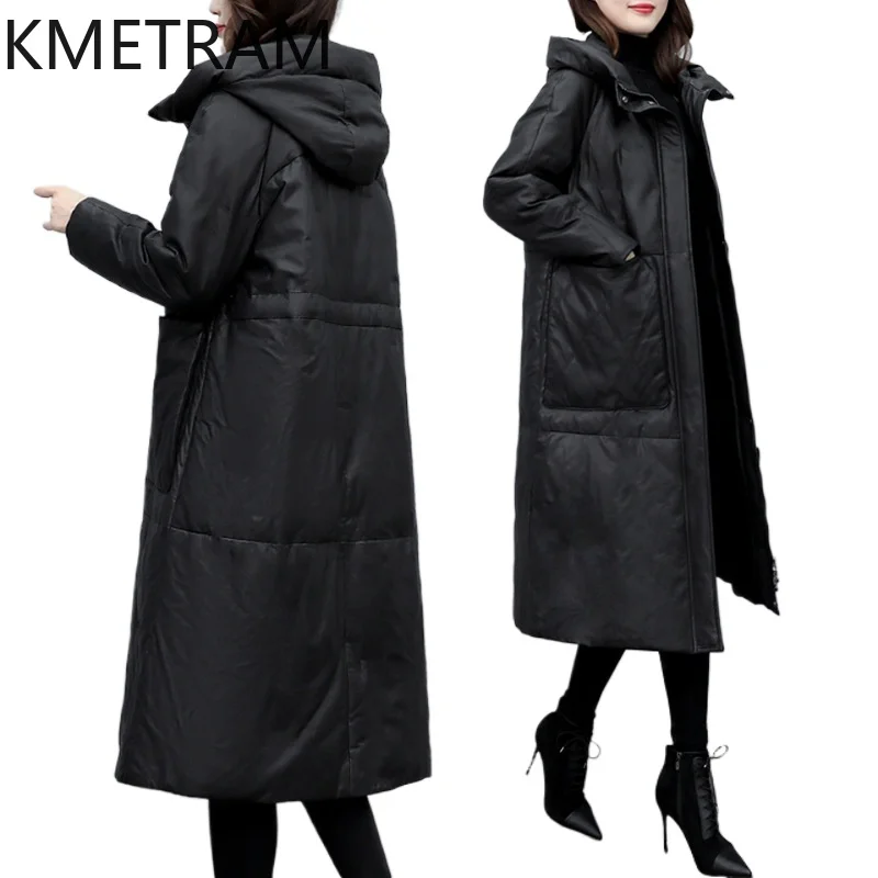 White Duck Down Leather Puffer Jacket Women Real Sheepskin Long Down Coats with Hood Womens Winter Clothes 2024 Пуховик Женский