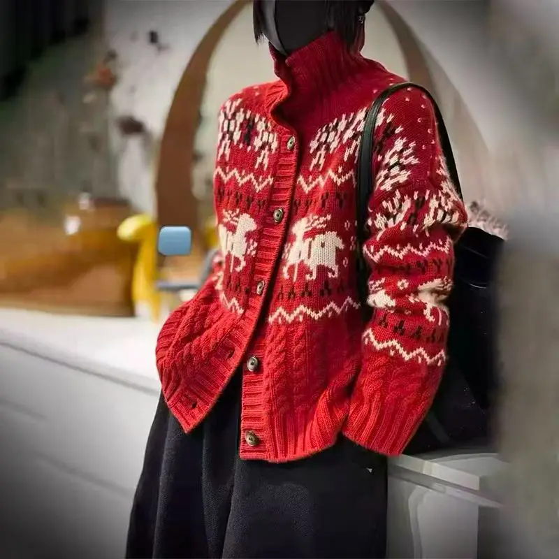 100% Pure Cashmere Cardigan for Women, Fair Island Deer Red Sweater, High-End Big Brand Thickened Knitted Sweater Coat