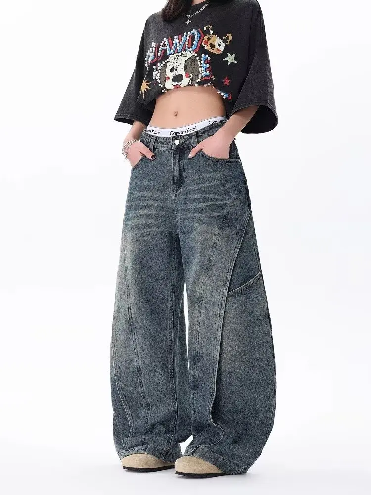 

Retro Blue Womens Jeans Vintage Design Hip Hop Straight Baggy Denim Pants Street Y2K American Style Wide Leg Denim Trouser 2025