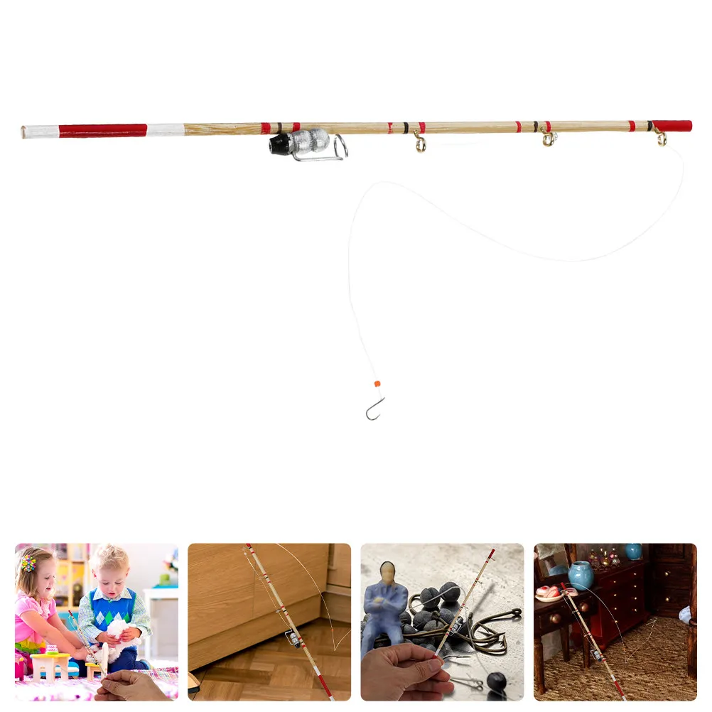

4Pcs Miniature Fishing Gear Set Wood Craft Realistic Tiny Fishing Rod for Dollhouse Decor Accessories Fairy Garden Diorama