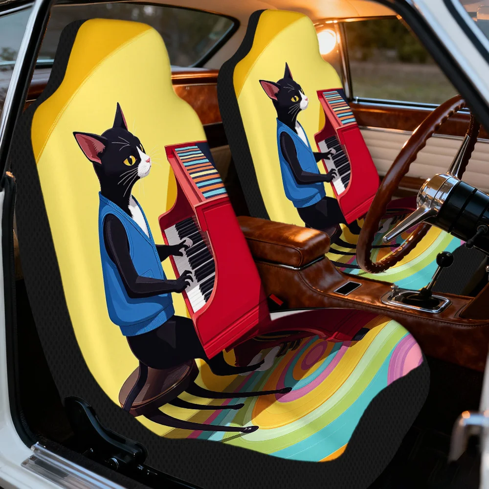 2D Flat Printing, 2pcs Cat Playing Piano Print Car Seat Covers, Washable And Durable, Universal Fit For Front Seats, Ideal For S