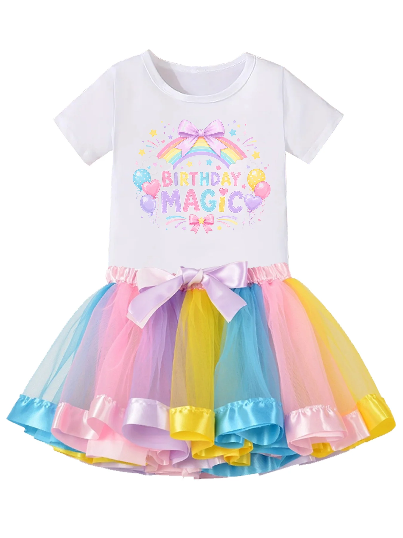 Kids Birthday Magic Outfit Set Girls Rainbow Print Short Sleeve T-shirt + Colorful Bow Tutu Skirt Children Birthday Party Costum