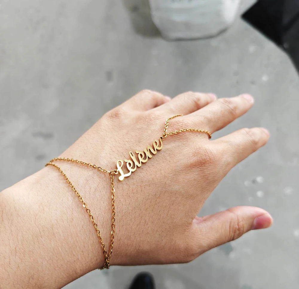 Custom Name Bracelet Custom Elegant Letter Bracelet Personalized Minimalist 24K Gold Finger Chain Stainless Steel Women Jewelry