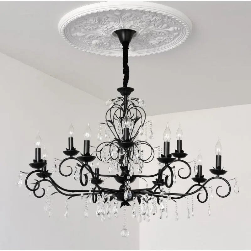 

French Black Crystal Chandelier American Simple Retro Rural Living Room Luxury Decorative Light for Bedroom Atmosphere Lighting