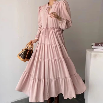 우아한 v 넥 타이 업 레이어드 플리츠 프릴 에지 롱 드레스 여성을위한 노화 감소 드레스 초가을 시즌 