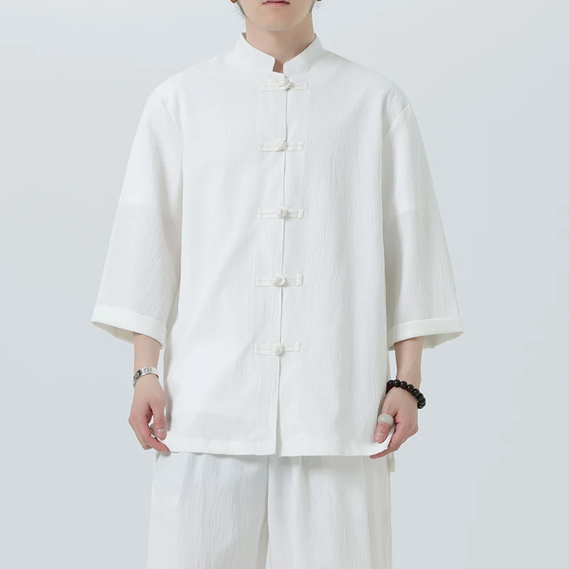 Men Chinese Style Hanfu Shirt 3/4 Sleeve Mens Loose Tops Tang Suit Solid Traditional Kung Fu Shirts Male Chinese Shirts M-5XL