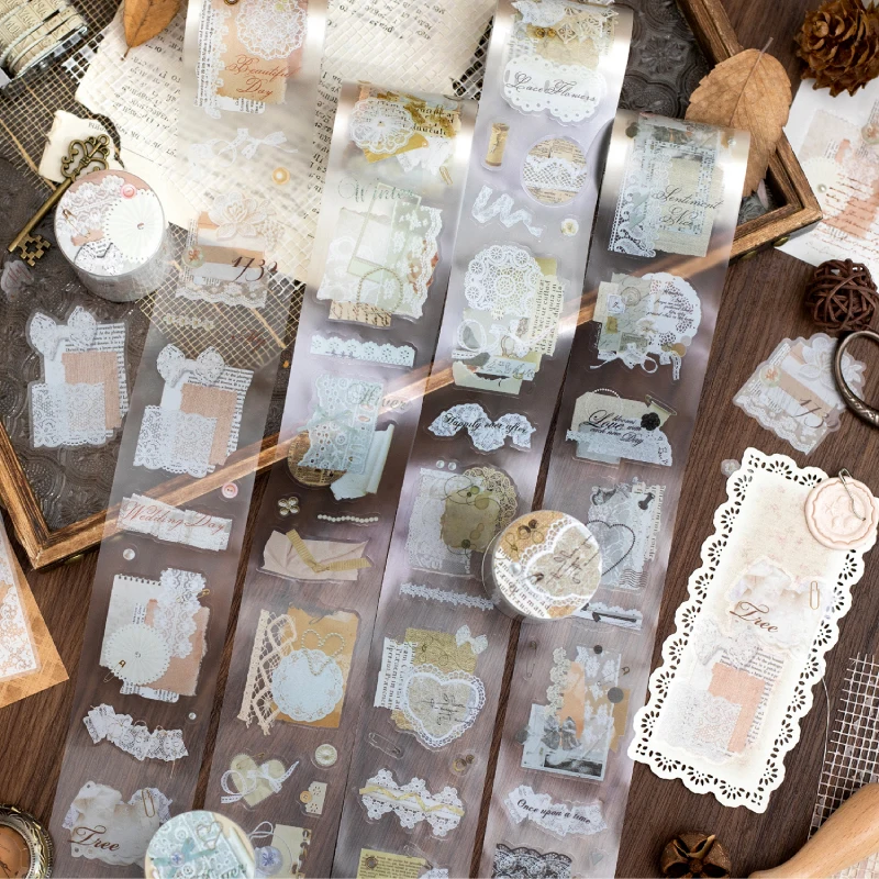 50 mm * 200 cm/Rolle Vintage Spitze Text Manuskript PET Stanzklebeband DIY Scrapbook ästhetische Briefpapieraufkleber