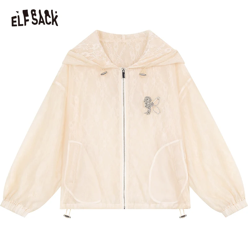 ELFSACK 2024 summer new arrival Sports casual fashion versatile hooded casual organza translucent short jacket for women