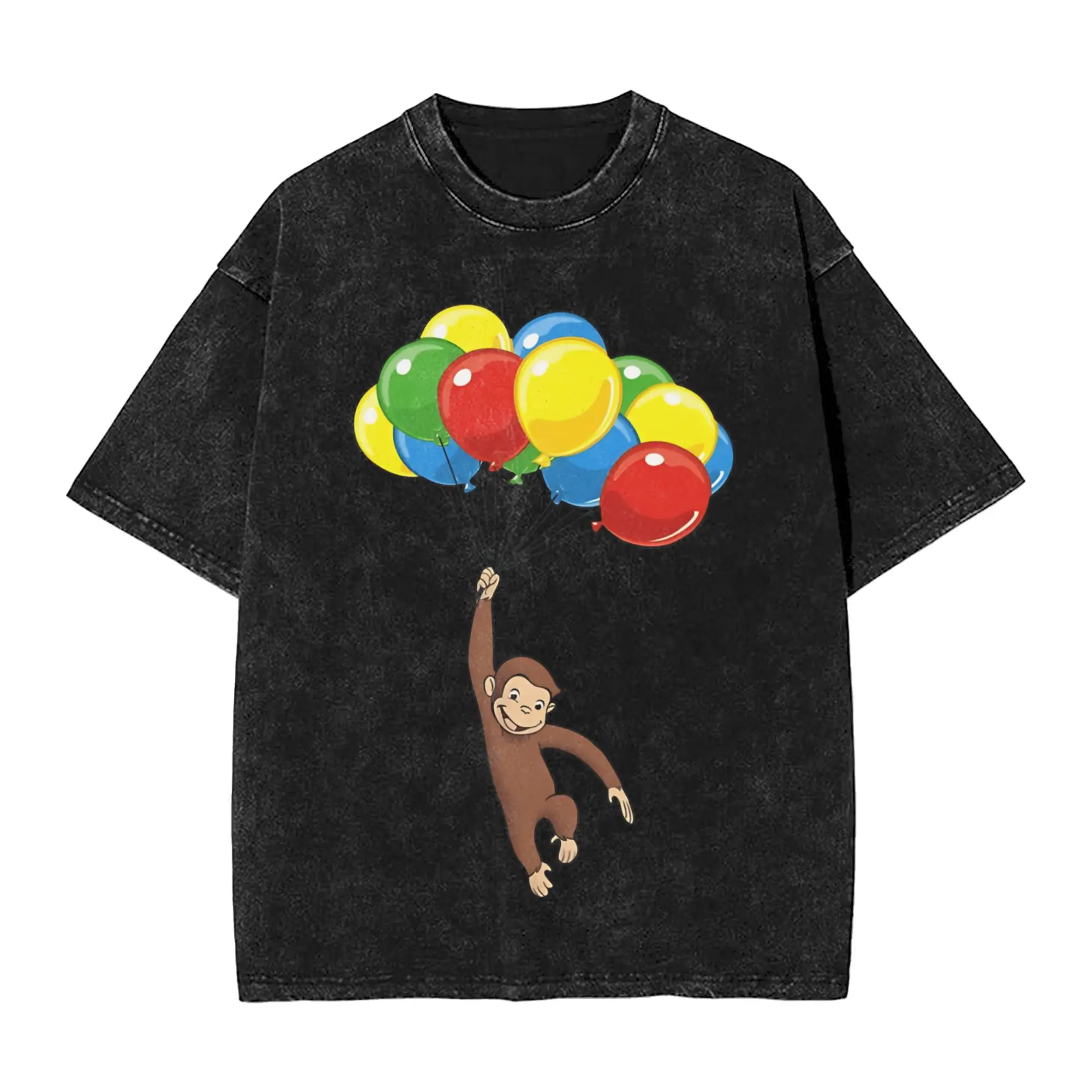 Harajuku Washed Shirts Curious George balloons  Outfit Retro T Shirt Oversize  Streetwear Short Sleeve Printed Tees