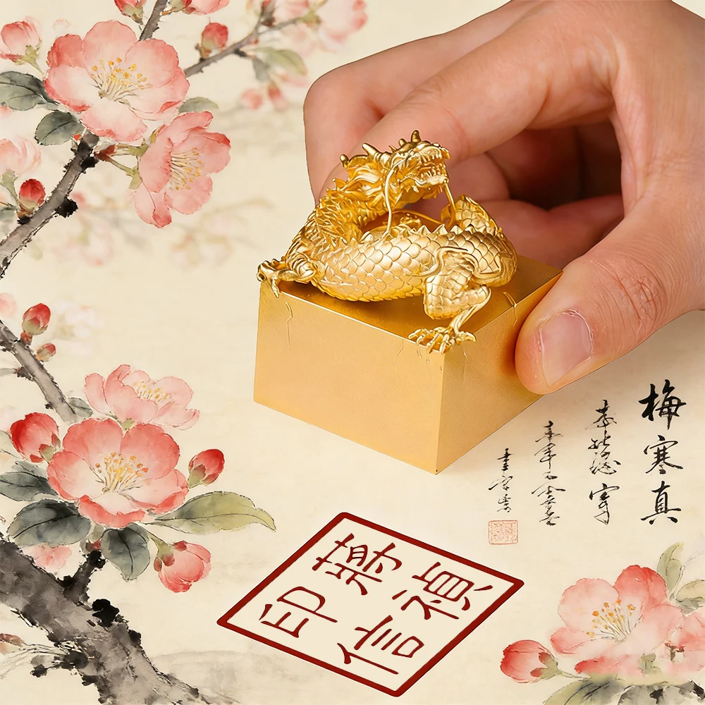 

Customize Golden Stamp Dragon 4cm Square Brass Metal Seal Chinese Name Stamp Calligraphy Painting Personalized Signature Seals