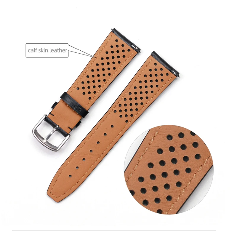 PESNO Genuine Calf Skin Leather Watch Bands Cow Hide Smooth Grain Hollowed-out Breathable Men Watch Accessories Straps 22mm