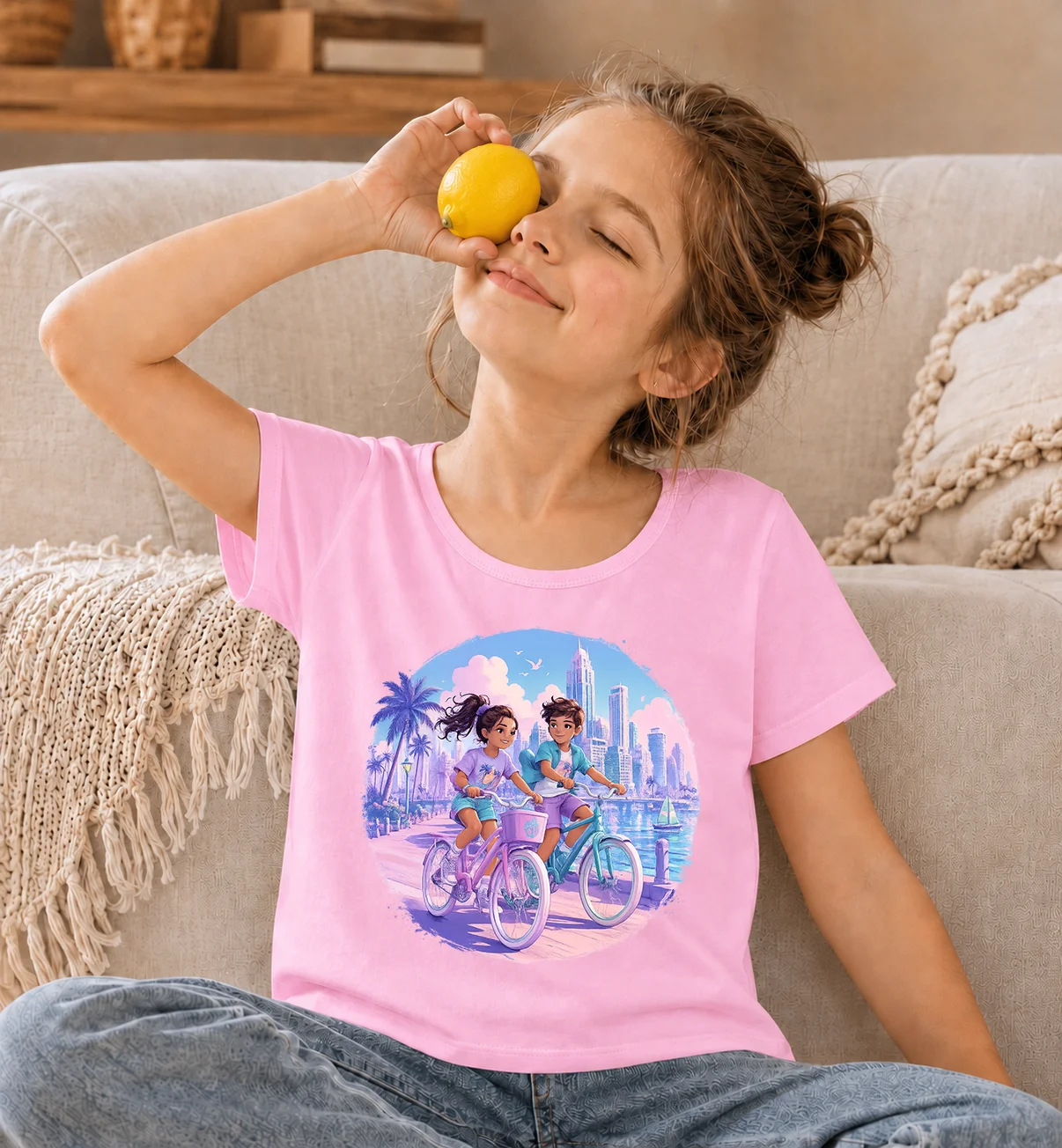 

Pastel City Beach Bicycle Cartoon Print Girls T Shirt Pink Short Sleeve Cotton Tees For Kids Fashion Summer Holiday Children Clo