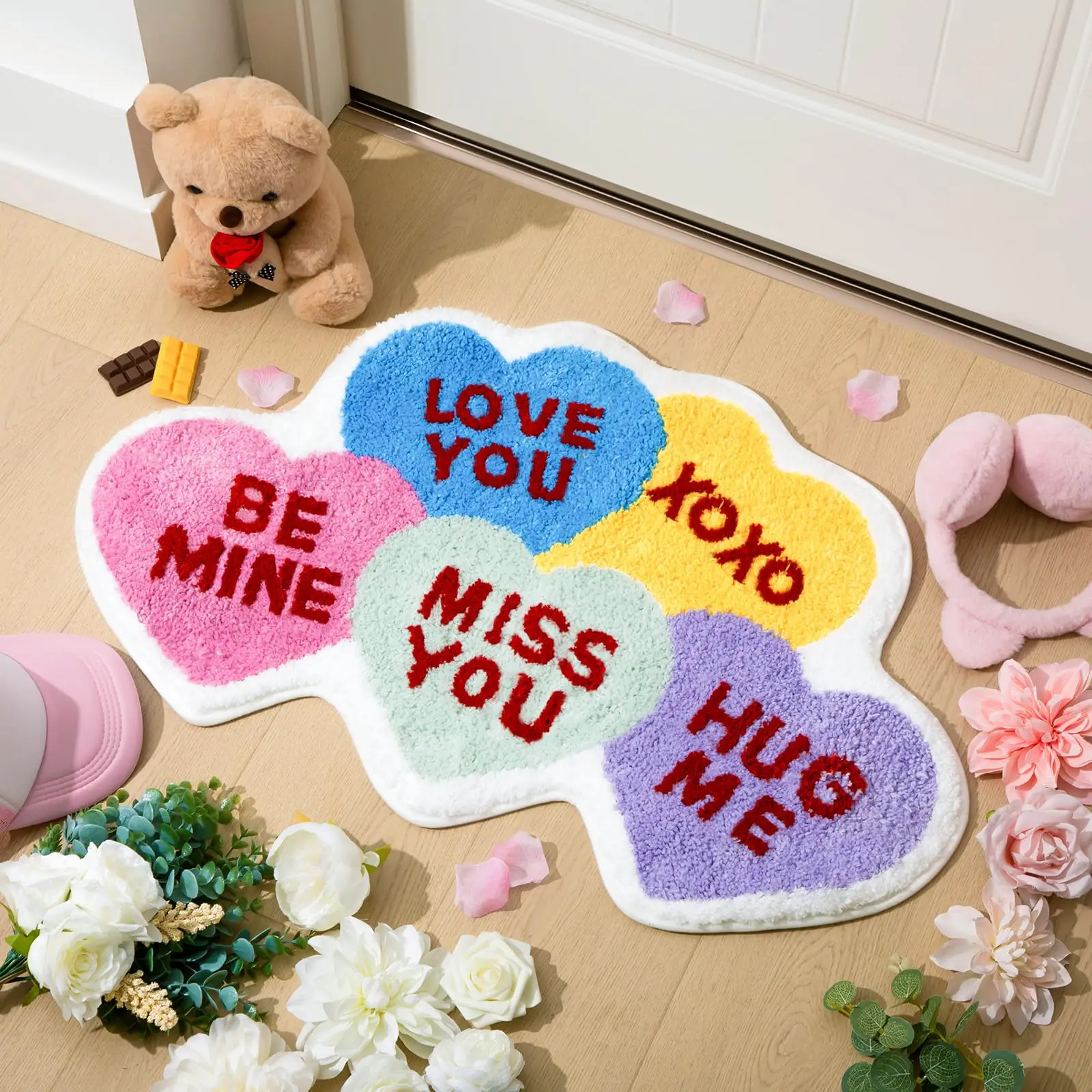 VIKAMA Valentine Bathroom Rug Conversation Heart Door Mat Colorful Heart Rug Funny Non Slip Washable Rug for Bedroom Home Decor