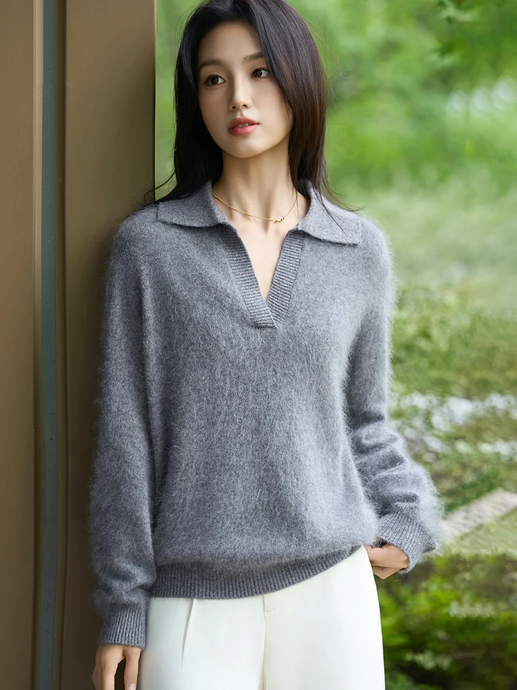 Women's Pullover Improved Craft 100% Merino Wool Knitted Sweater Turn-Down Collar Autumn Winter Warm Soft Chic Clothing Tops