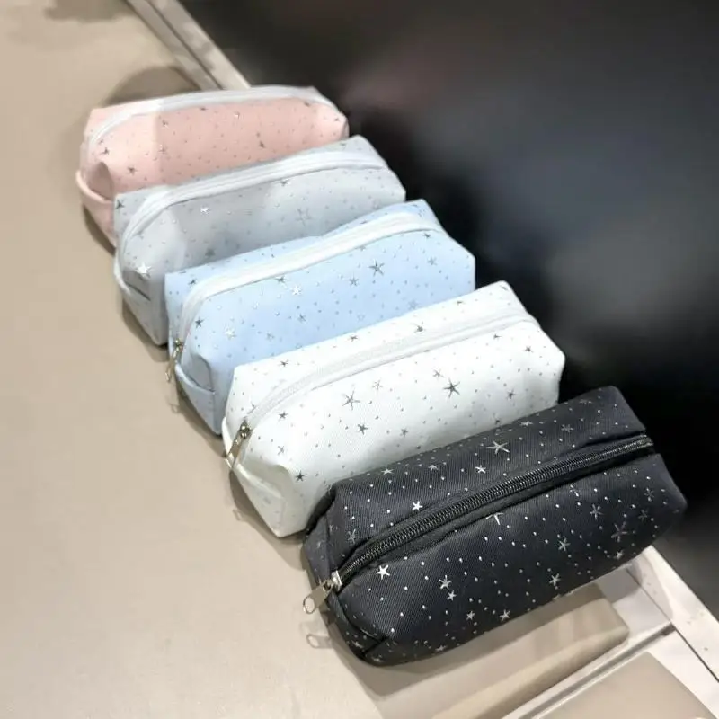 (.) Multicolor Star Print Canvas Pencil Case Multi-functional Portable Zippered Pen Pouch Large Capacity Portable Cosmetic Bag