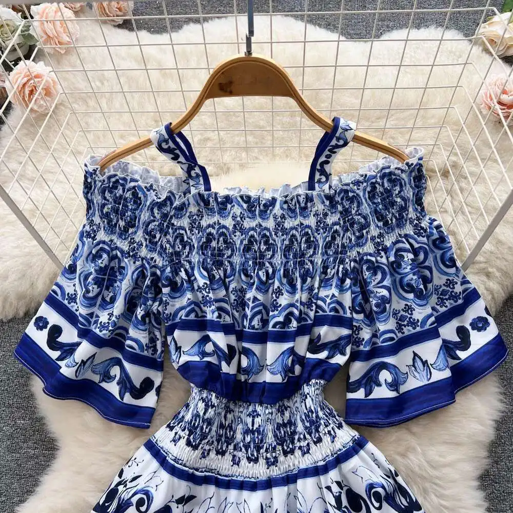 فستان متوسط الطول بطباعة المدرج للنساء عباد الشمس ، قطع الكتفين ، رقبة مائلة ، طباعة زهور ، فستان صيفي طويل للعطلات ، الصيف ،