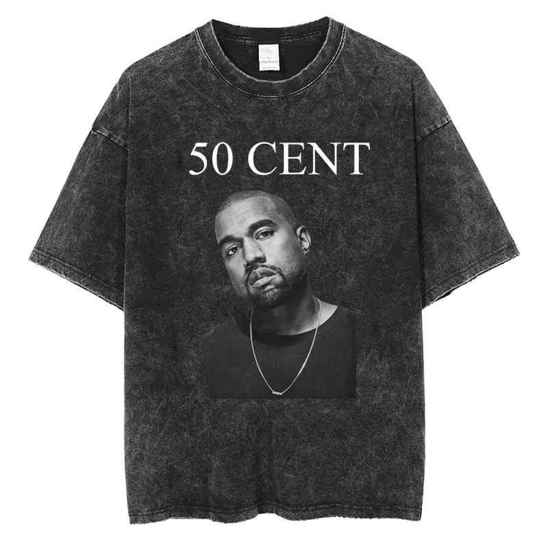 Limted Kanye West 50 Cent Print Washed T Shirts Men Women High Quality Cotton Short Sleeve T-shirts Popular Hip Hop Streetwear