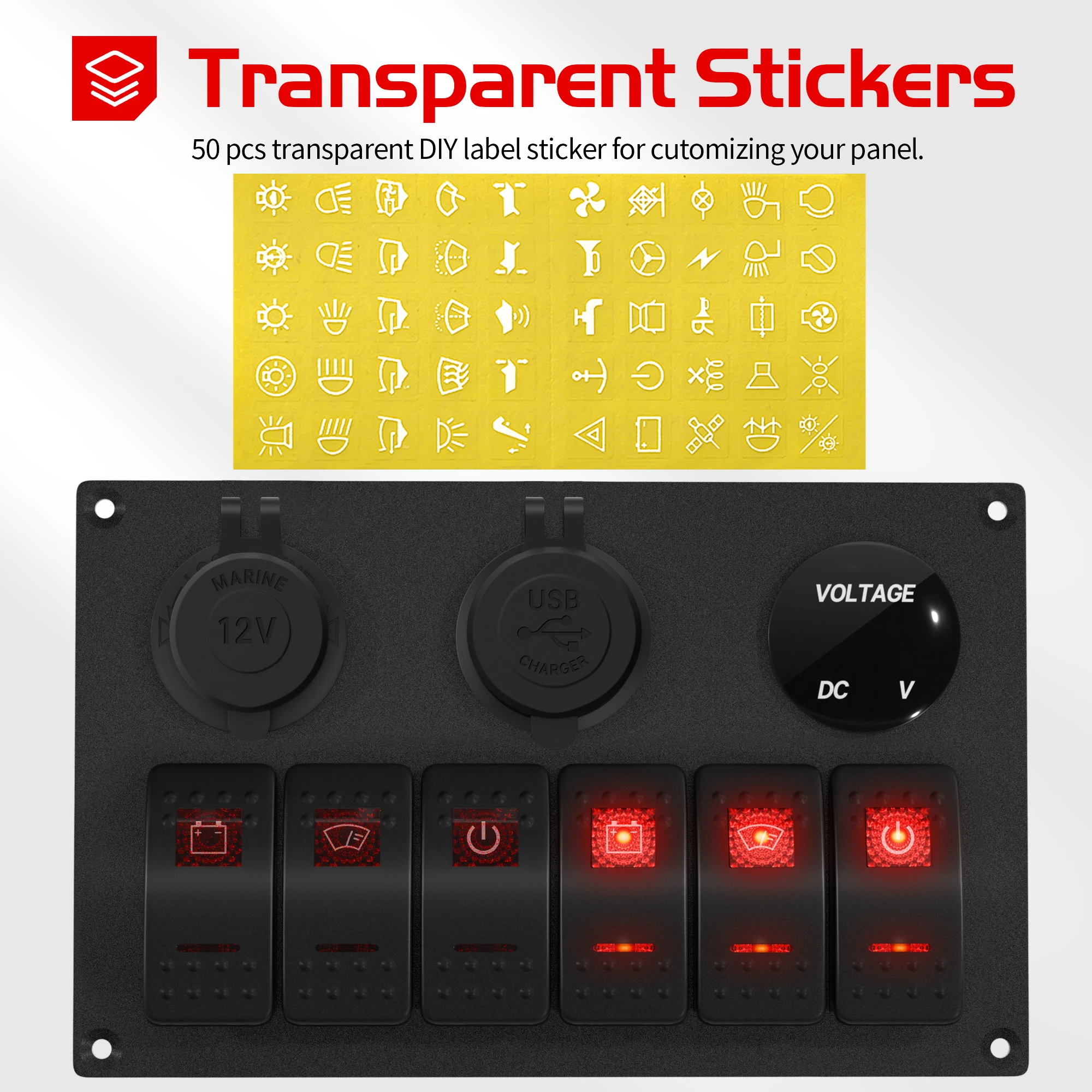 6 عصابة لوحة مفتاح متأرجح 12 فولت لوحة التبديل البحرية مقاوم للماء الأحمر LED 5 دبوس لوحة مفتاح متأرجح البحرية مع مقبس USB الفولتميتر