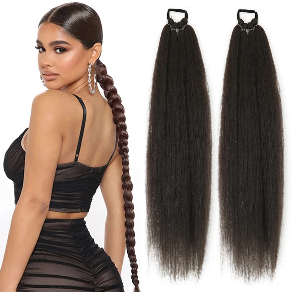 

Ponytail Extensions Synthetic Boxing Braids 26 Inch Brown Wrap Around Chignon Tail With Rubber Band Hair Ring Ombre Braid Hair