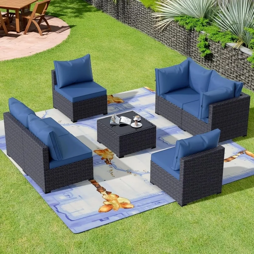 

7 Piece Patio Furniture Set, Outdoor Rattan Modular Furniture Sofa with Anti-Slip Washable Cushion & Coffee Table All Weather