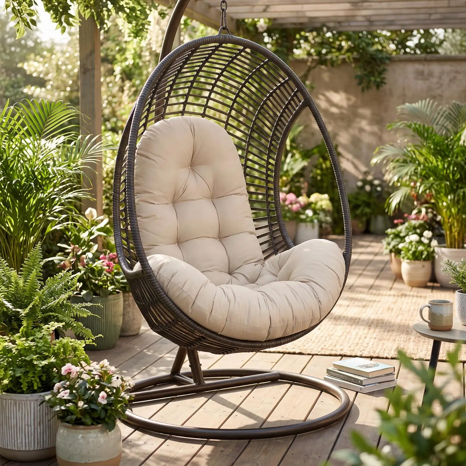 Outdoor Hanging Chair Cushion Waterproof Tufted Polyester Swing Seat Pad with Backrest for Indoor Outdoor