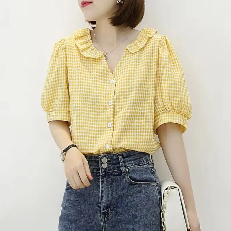 Fashion Printed V-Neck Ruffles Puff Sleeve Plaid Shirt Female Clothing 2023 Summer New Oversized Casual Tops All-match Blouse