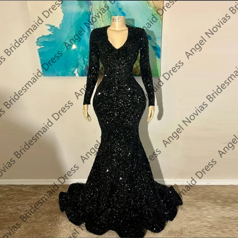 

Customized Long Sleeves Black Prom Dressses 2025 V Neckline Vestidos De Gala Graduation Birthday Party Dresses