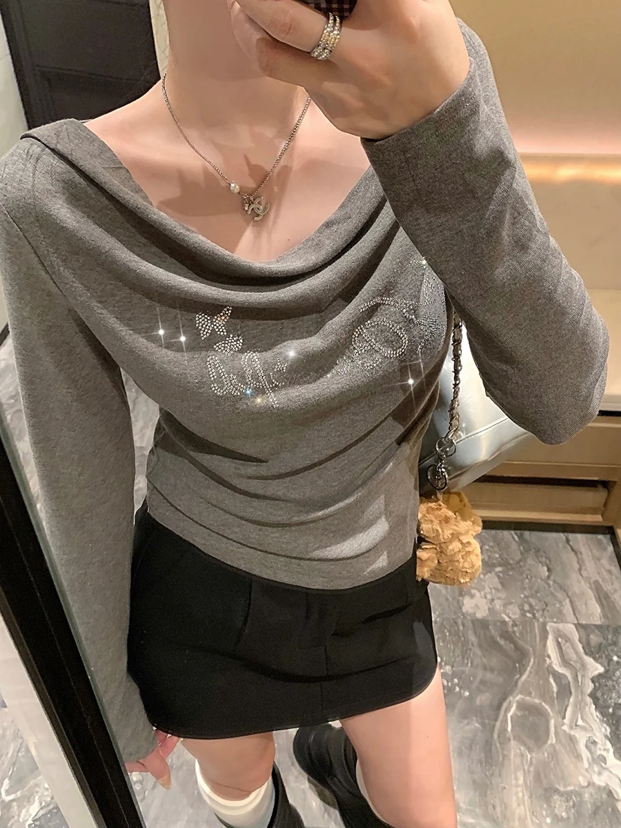 

Женская футболка Zhuangda Mud ey с воротником, украшенным стразами, приталенного кроя, с длинными рукавами, повседневная, из чистого хлопка, с узлом и в горошек.