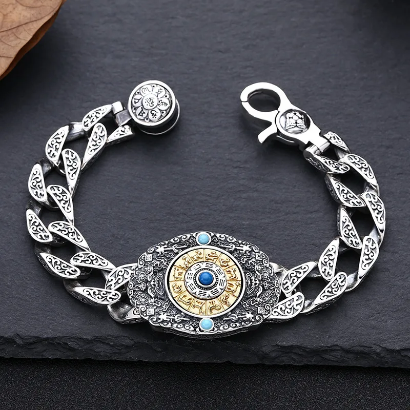 925 sterling silver zodiac bracelet protective talisman charts rotatable trendy men's Thai silver retro ornament