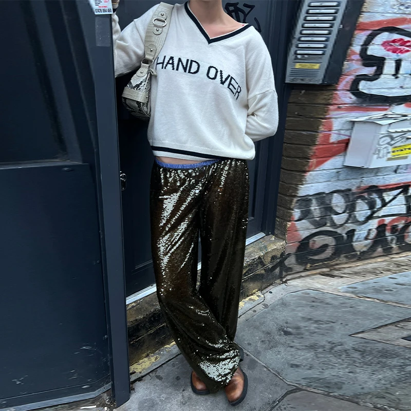 Vintage Shinny Contrast Splicing Pants Women Fashion Elastic Waist Button Wide Leg Trouser 2025 Female Club Party Street Outfits