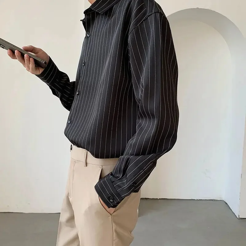 Men Loose Vertical Striped Long Sleeve Button‑Up Shirt Business Casual Office Daily Shirts