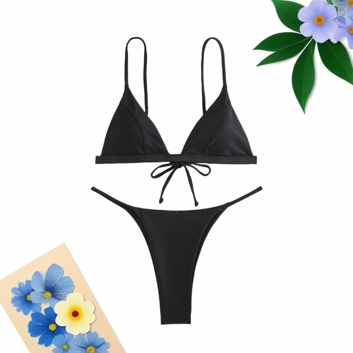 Women's Triangle Cup Design High Waist Sexy Bikini Set Two Piece Swimsuits Solid Beachwear Woman Bathing Suit Women Swimsuit