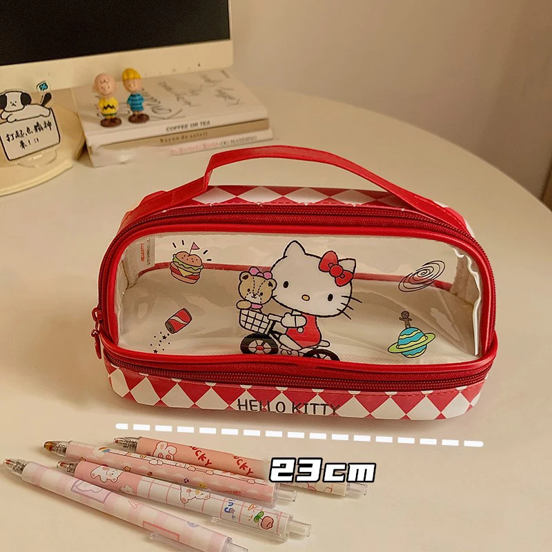 Sanrio Series Transparent Pencil Case Cartoon Hello Kitty Kuromi Storage Bag Large Capacity Double-layer Portable Pen Bags