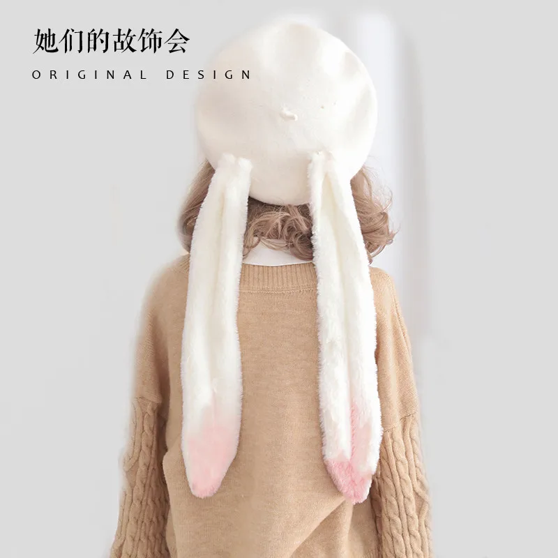

Women's Winter Wool Beret Handmade Cute Bunny Ears Hats Warm Outdoor Beanie Hat