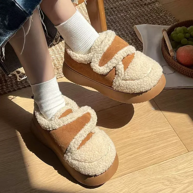 

Winter Thick Soled Plush Cotton Shoes Wide Headed Anti Slip Home Bag and Slippers Khaki Colored Warm and Plush Shoes Women Shoes