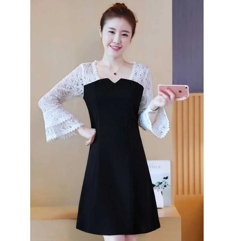 

Elegant Lace Flare Sleeve Fake Two Pieces Mini Dress Women's Clothing 2024 Spring Summer New Loose Office Lady Ladies Dresses