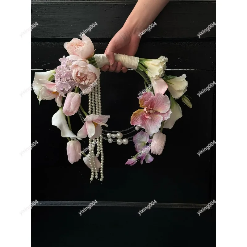 Korean Pearl Bridal Bouquet, Artificial Handheld Flower for Wedding Engagement Photo Props