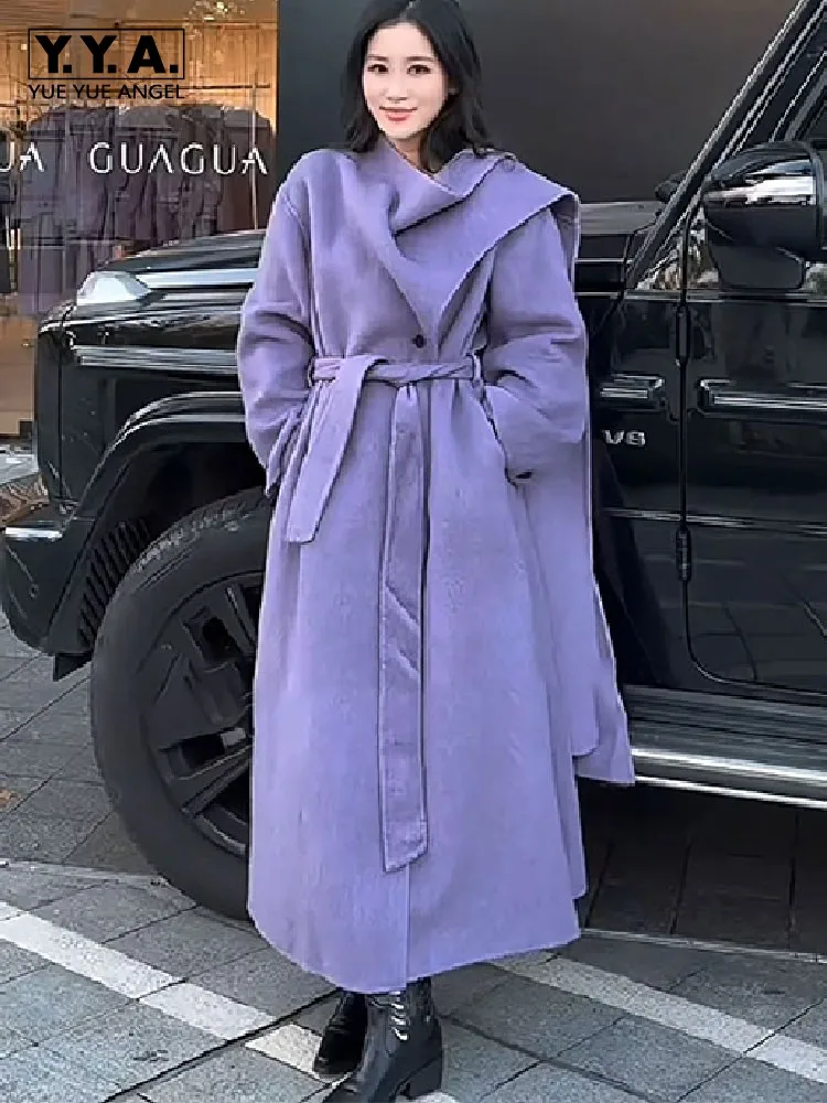 Herfst Winter Vrouwen Wollen Lange Jas Loose Fit Sjerpen Mode Mantel Kantoor Dames Elegante Stand Kraag Windbreakers Overjas