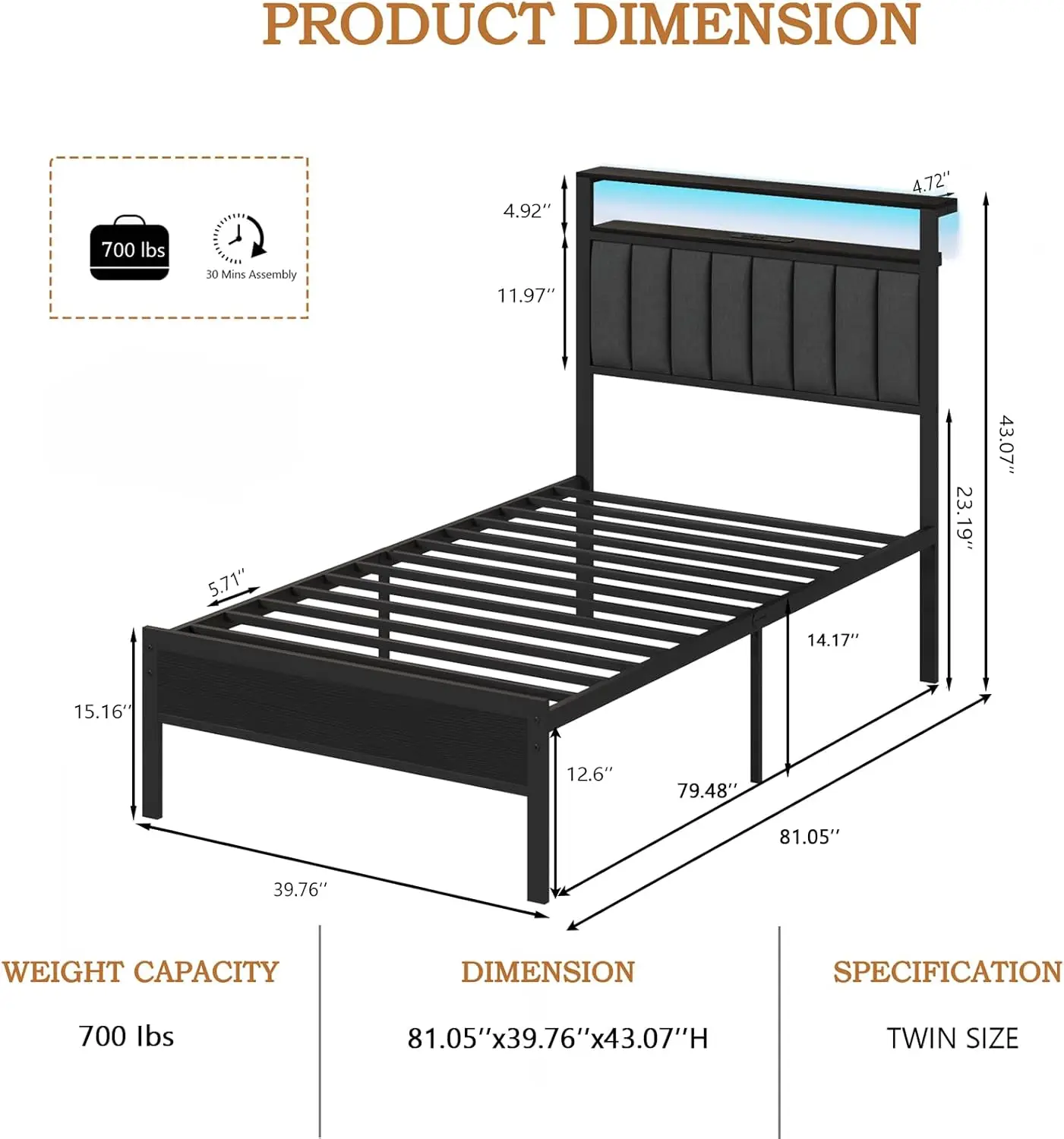 Estructura de cama de tamaño con estación de carga y luces LED, cama con plataforma con listones de metal, cabecero tapizado gris con almacenamiento de 2 niveles