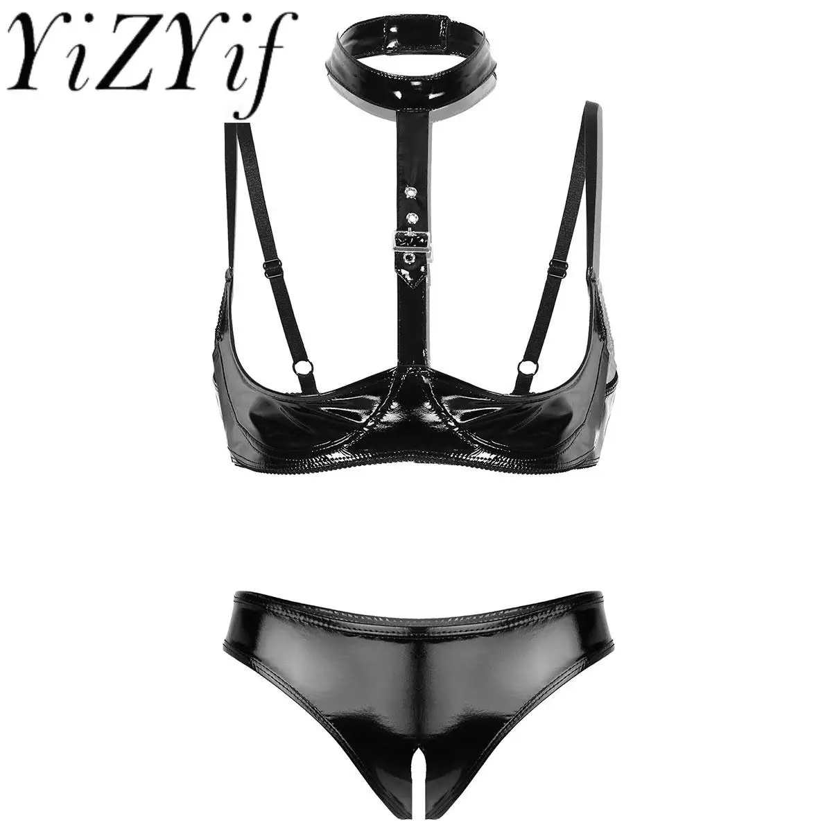 

2Pcs Women Wet Look Patent Leather Sexy Leotard Lingerie Set Open Cups Shelf Bra Top with Open Crotch High Cut Briefs Underwear