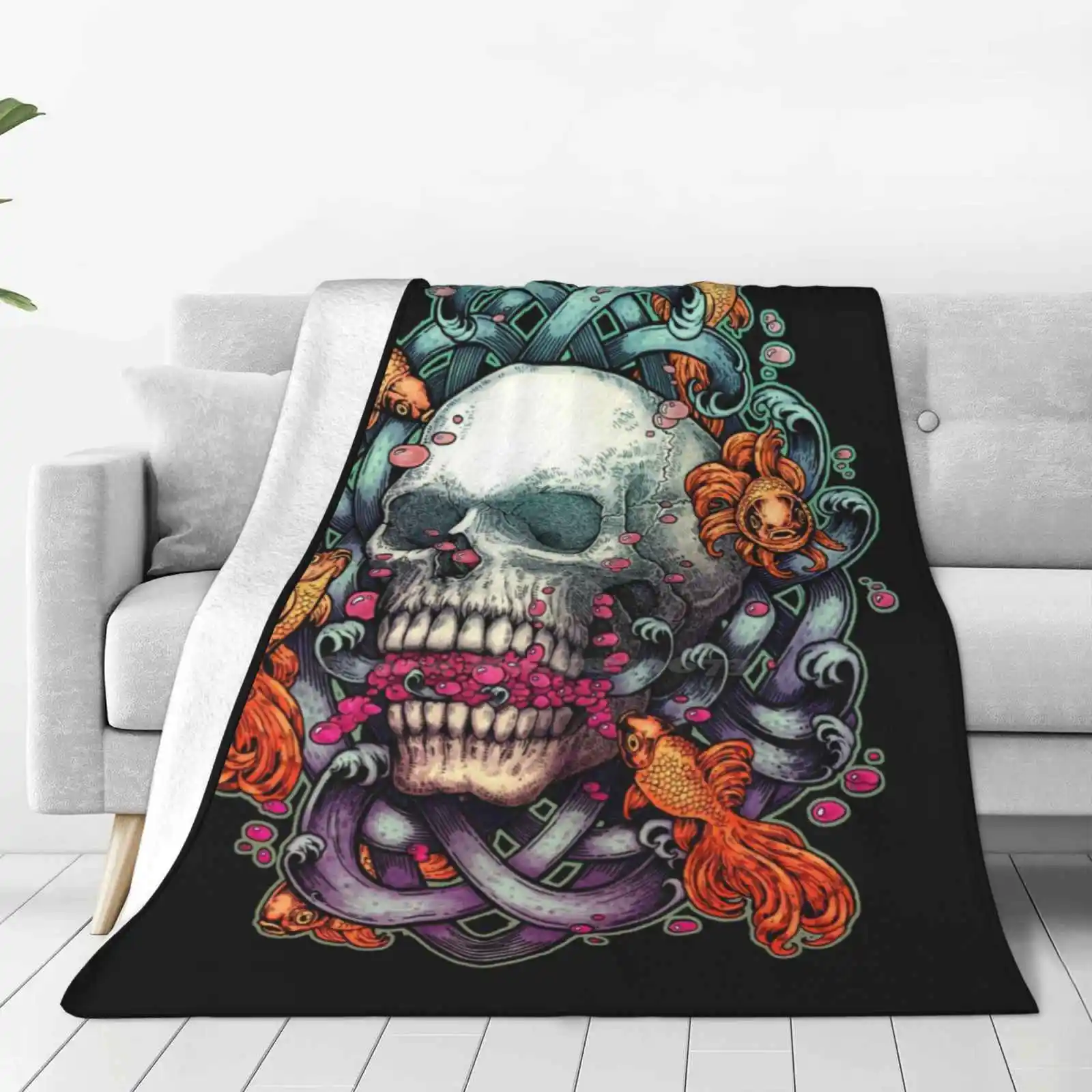 Short Term Dead Memory New Print Novelty Fashion Soft Warm Blanket Skull Dead Golden Fish Tattoo Bubble Animal Death Horror Dark