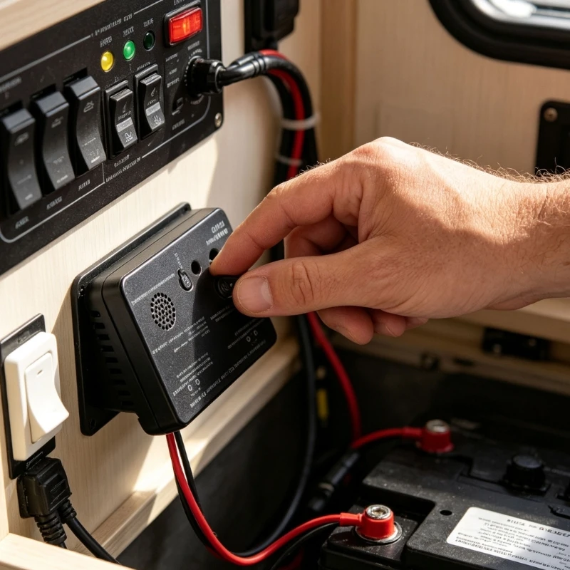 LPG Alarm Panel for Recreational Vehicles with Front Test/Silence Control, Metal Housing, Red and Black Cables, and 2 Side Y5GB